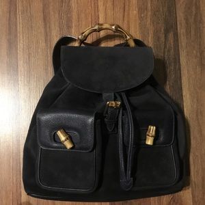 Gucci suede leather black bamboo backpack